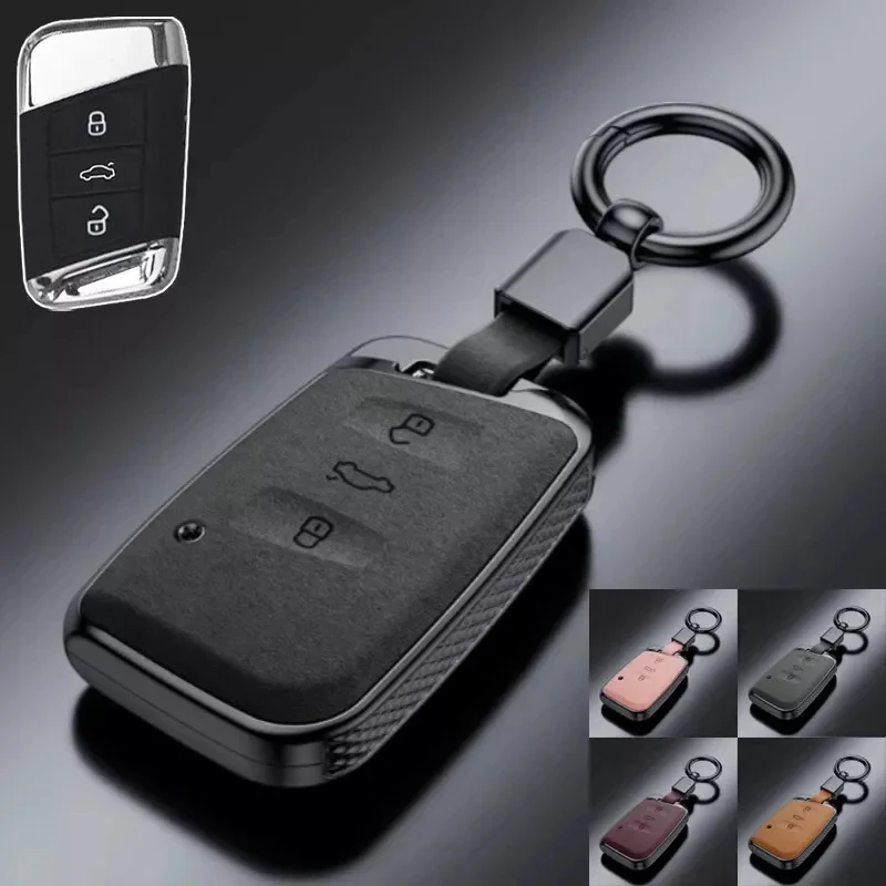 Suede Leather Zinc Alloy Car Remote Smart Key Fob Case Cover Holder Bag With Keychain For VW Teramont Passat Jetta Atlas Arteon