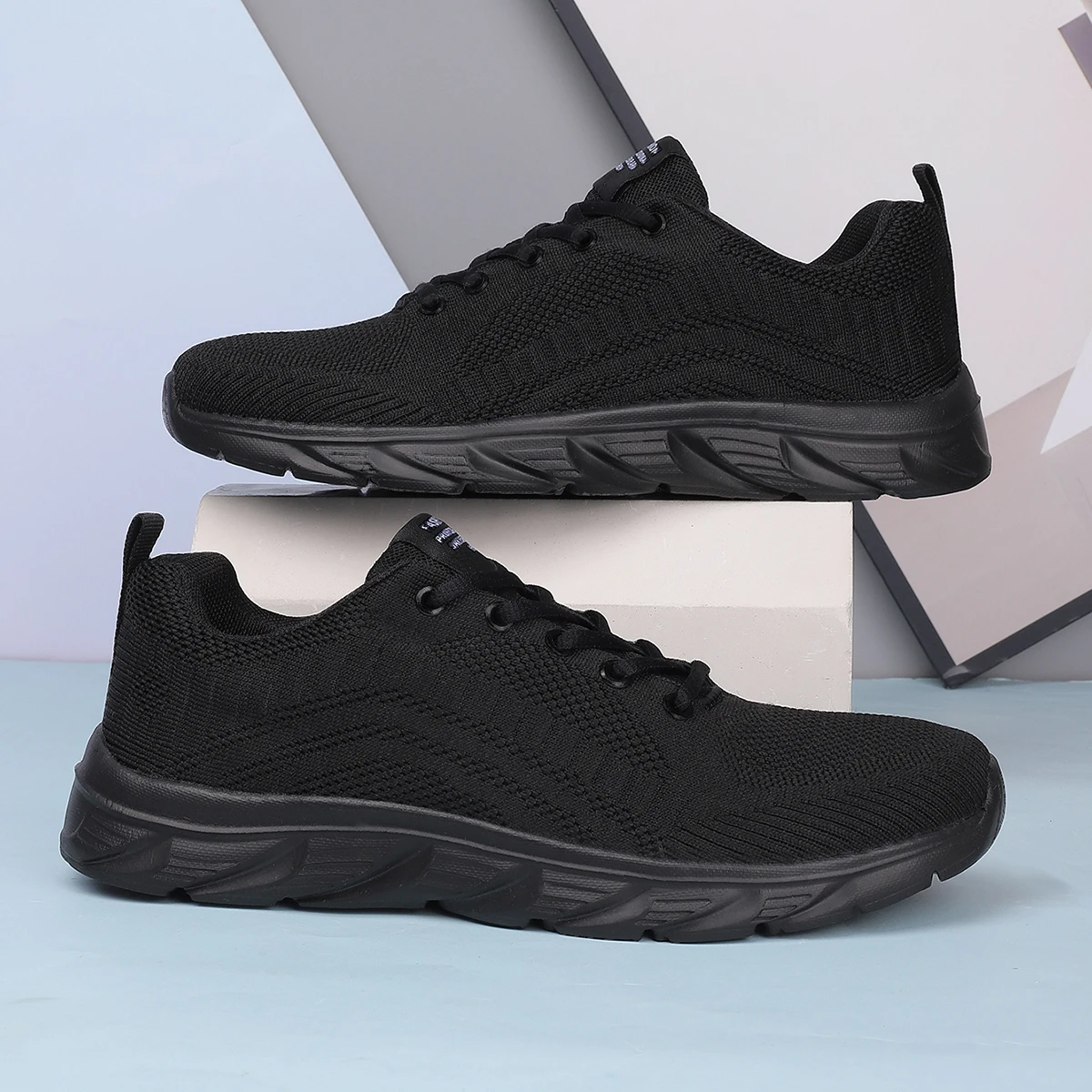 ZERJER Full Black Flying Knit Men Sneakers, Breathable Lightweight Non-Slip Casual Running Walking Athletic Shoes for Outdoor Da