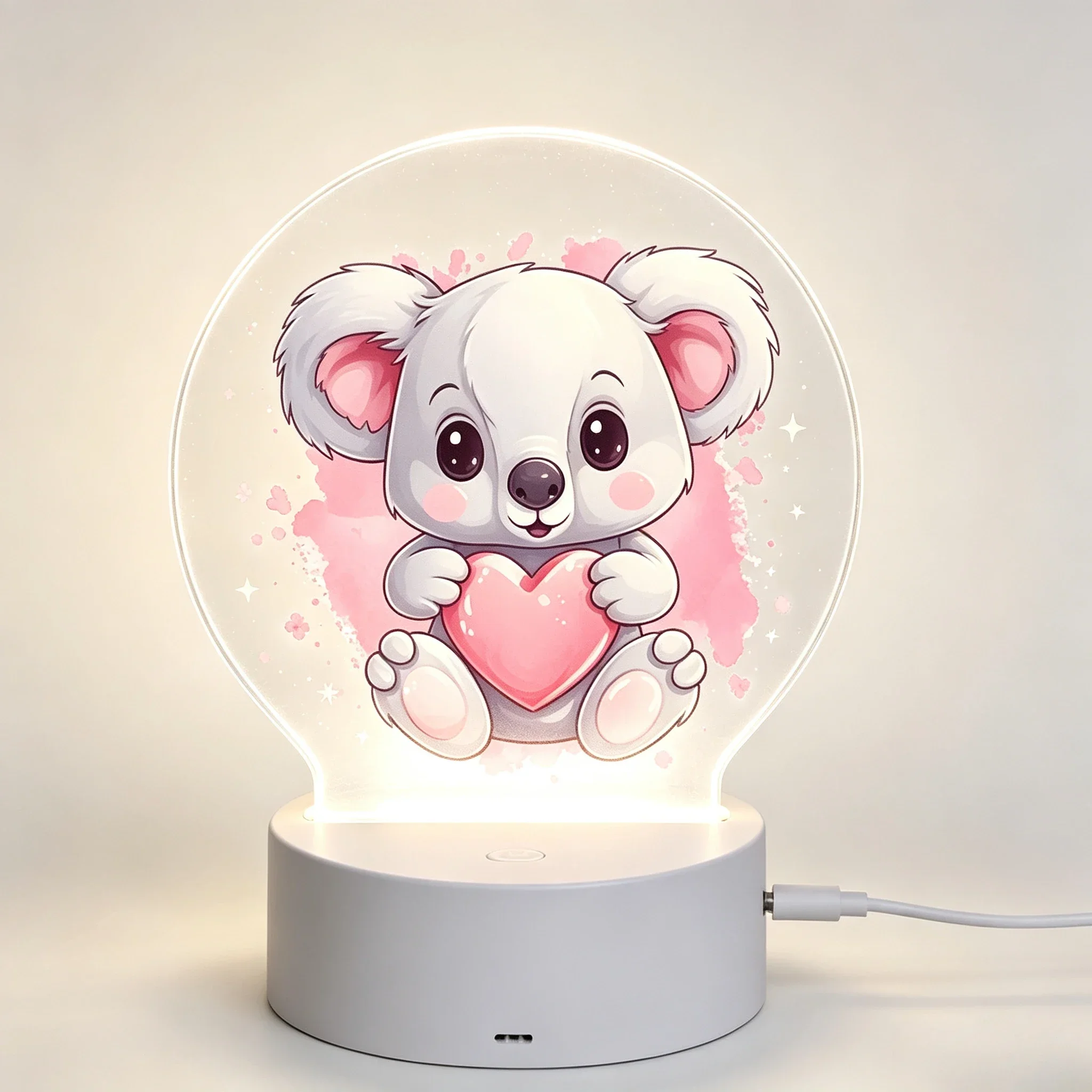 Cute Koala Holding Pink Heart Acrylic 3D Night Light Bedroom Decor Lamp