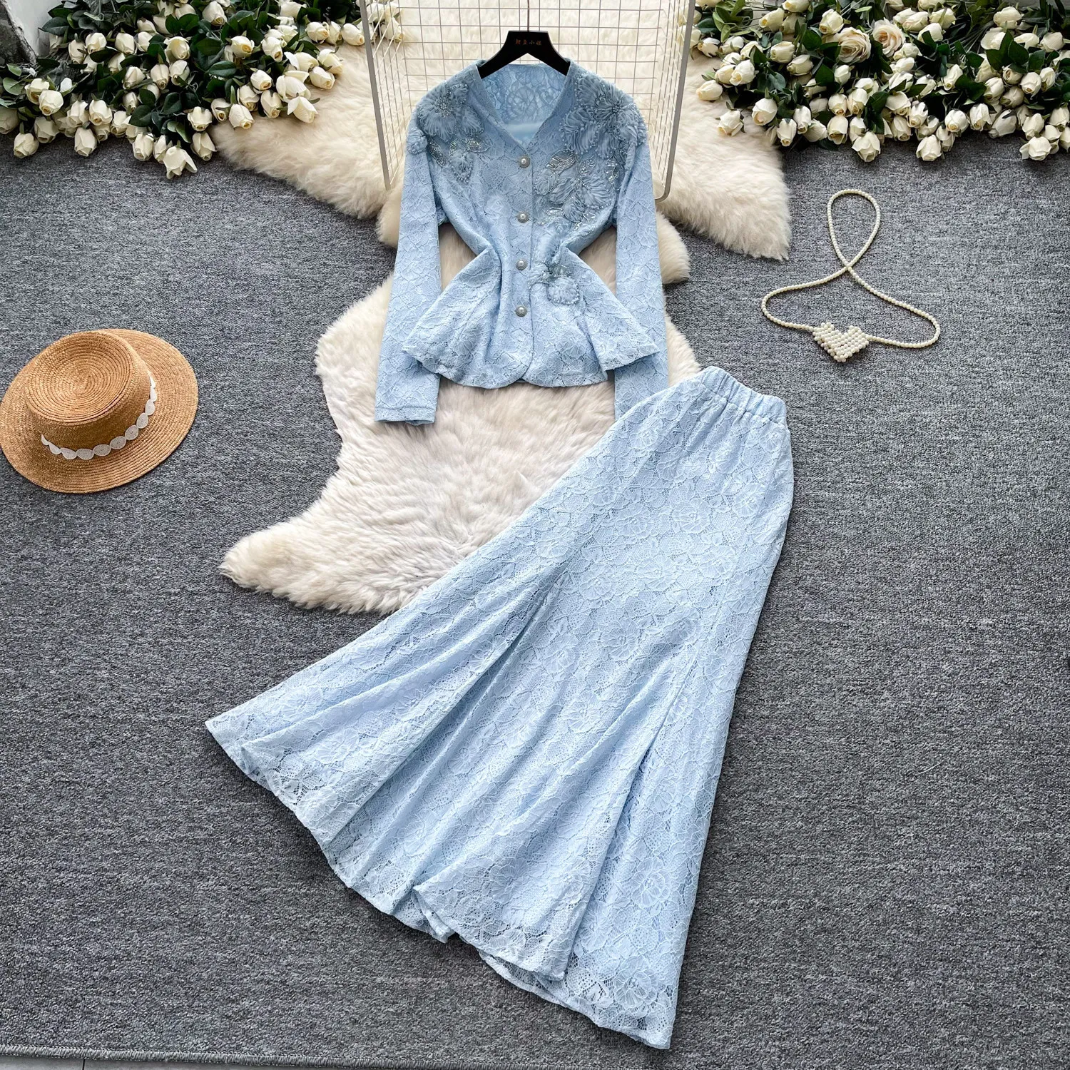 Women Two Piece Sets Skirt Set V Neck Full Sleeve Tops Lace Long Skirts A Line High Waist Y2k Streetwear Elegant Work Autumn