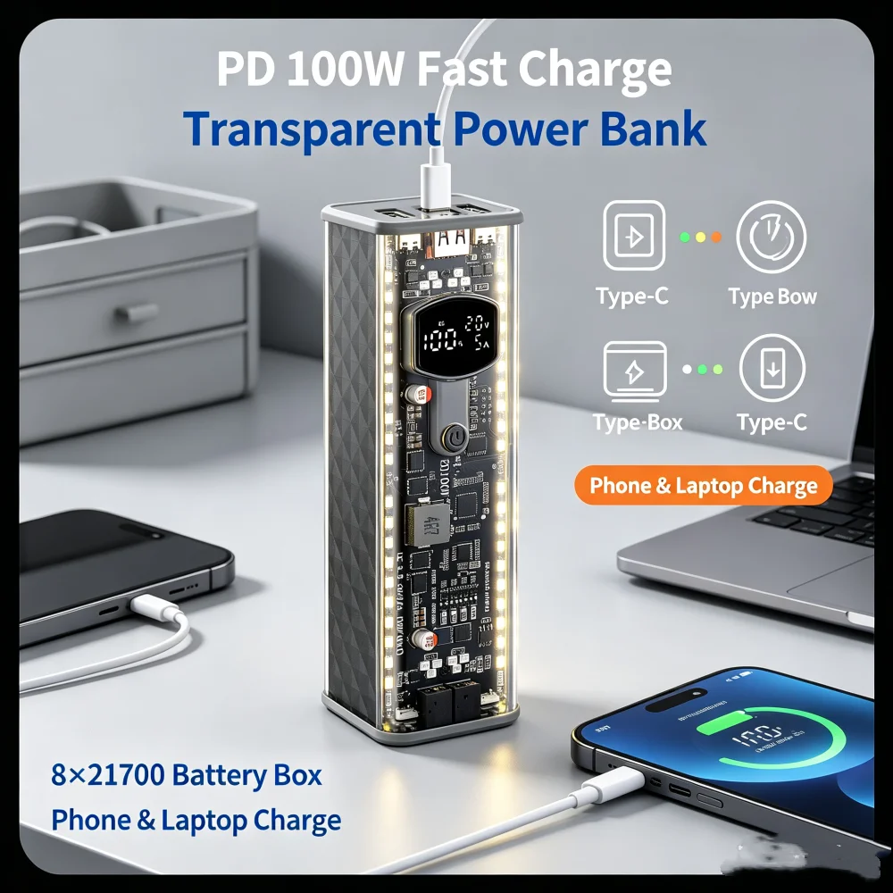 Pd 100w Super Fast Charging Power Bank 8-cell 21700 Battery Holder Diy Module Shell With Sos Light Diy Battery Box Type C Port
