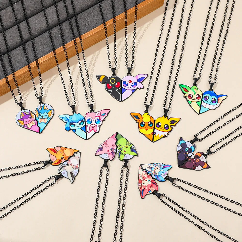 1Pair of Cute Eevee Couple Necklaces Heart Puzzle Pendants Matching Love Gifts Anime Jewelry for Couples and Best Friends
