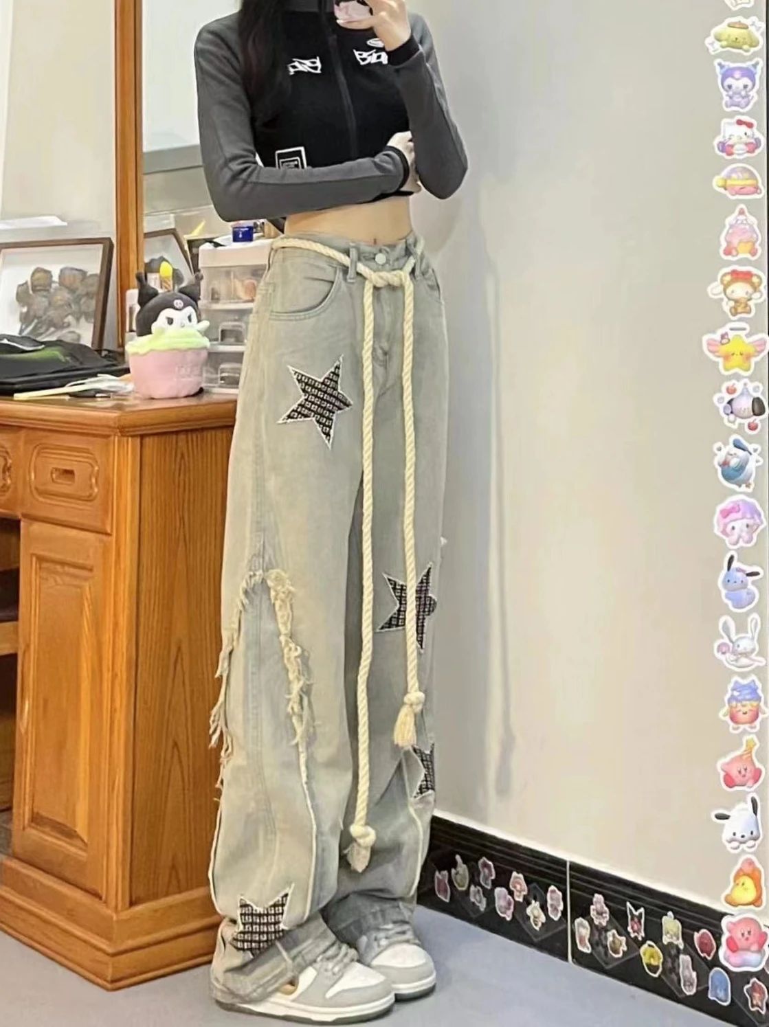 

Retro American Star Embroidery Waed Denim Jeans High Waist Straight Leg Wide Leg Pants Vintage Trendy Women's Casual Jeans
