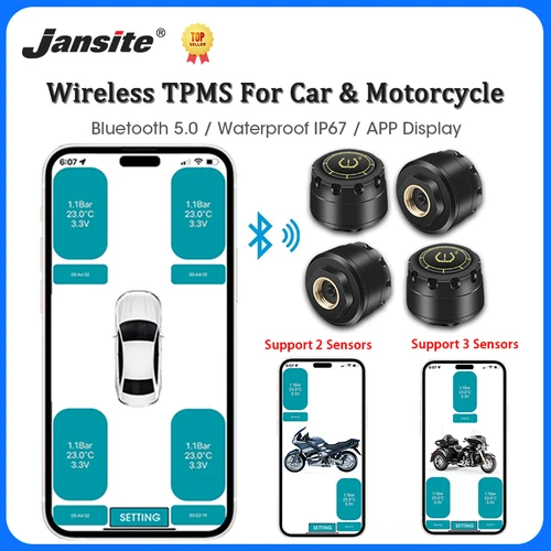 Imagen 1 del producto Sistema de supervisión de presión de neumáticos para coche, dispositivo inalámbrico TPMS con Bluetooth 5,0, pantalla de teléfono móvil, sensores de neumáticos para motocicleta, Android e IOS