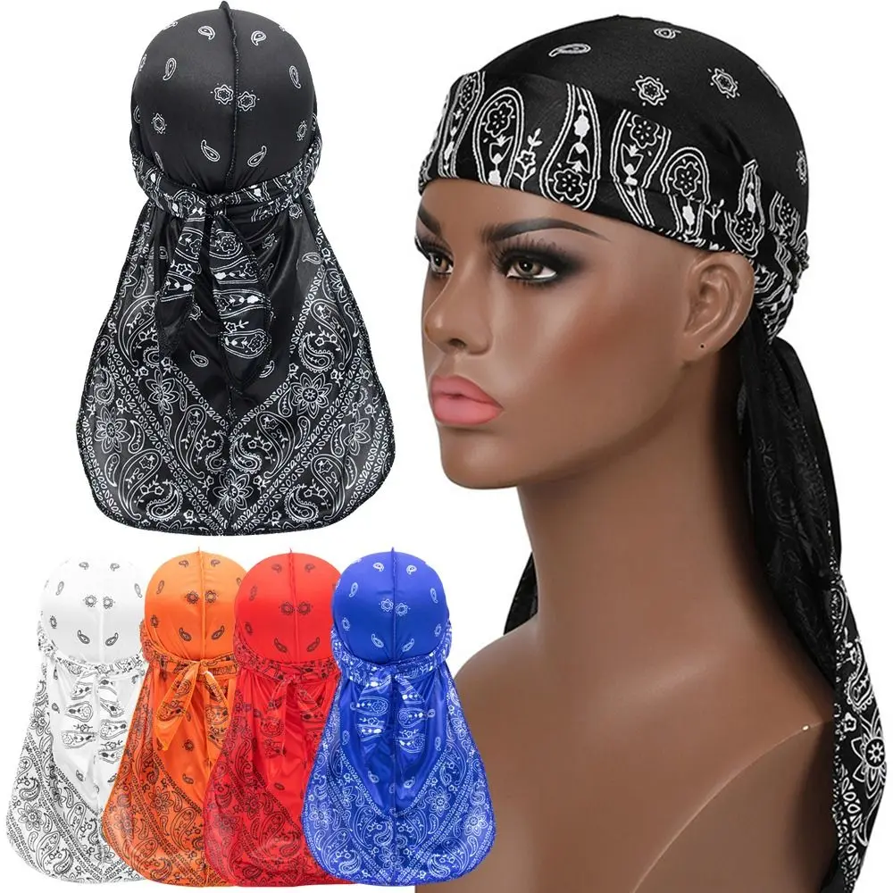 Comfortable Cashew Flower Print Printed Durag Long Tail Silky Smooth Headscarf Breathable Hip Hop Headwear Hair Accessory