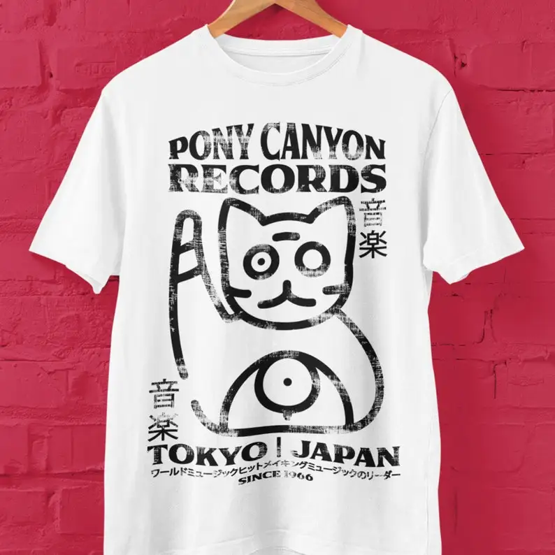 Ganbatte, Манеки Неко, счастливый кот, музыкальная футболка, футболка с записью, футболка с японской пластиной, музыкальная футболка в винтажном стиле, Токийская музыка,