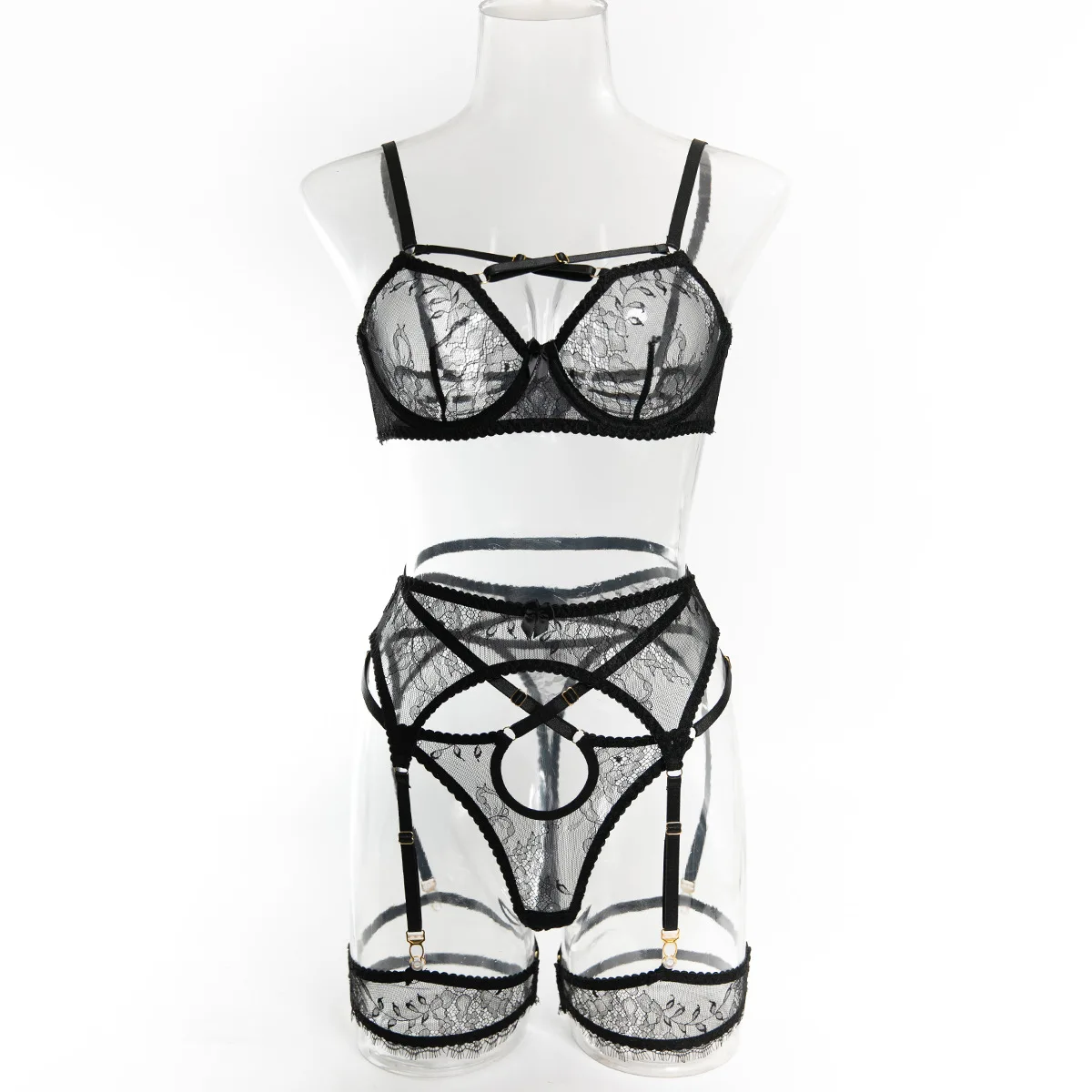 French Style Sexy Perspective Lace Embroidery Lingerie Set Women's Hollow Out Gather Underwear Female See Through Four Piece Set