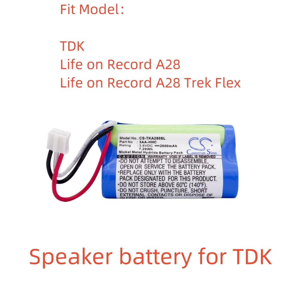 Speaker Battery For TDK:Life on Record A28,Life on Record A28 Trek Flex,3AA-HHC,--2000mAh / 7.20Wh--Ni-MH--3.60V