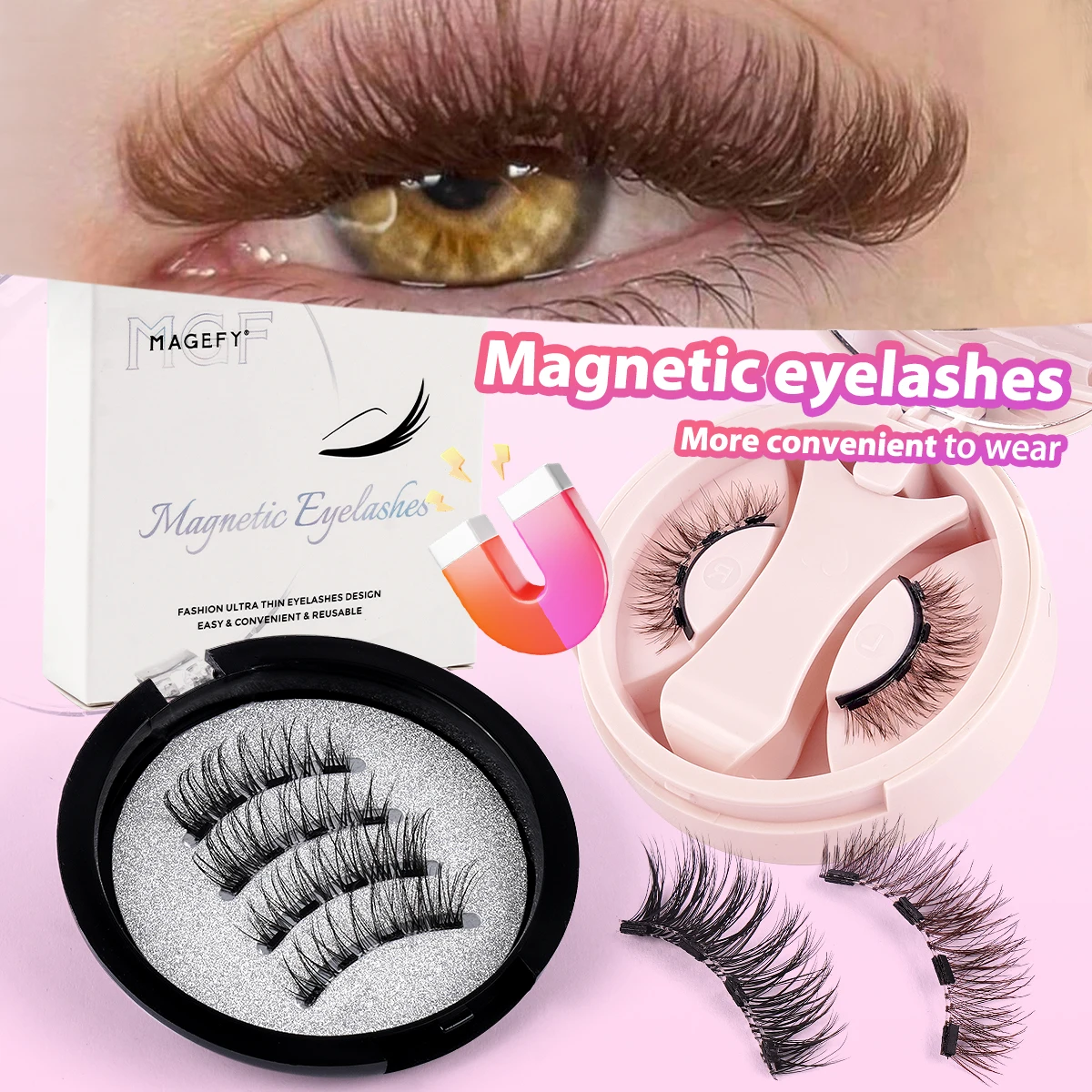 

MAGEFY 2 Pairs Glue Free Magnetic Eyelashes with Applicator Brown Manga Lashes Natural Cat Eye Lashes Extension Eye Beauty Tools