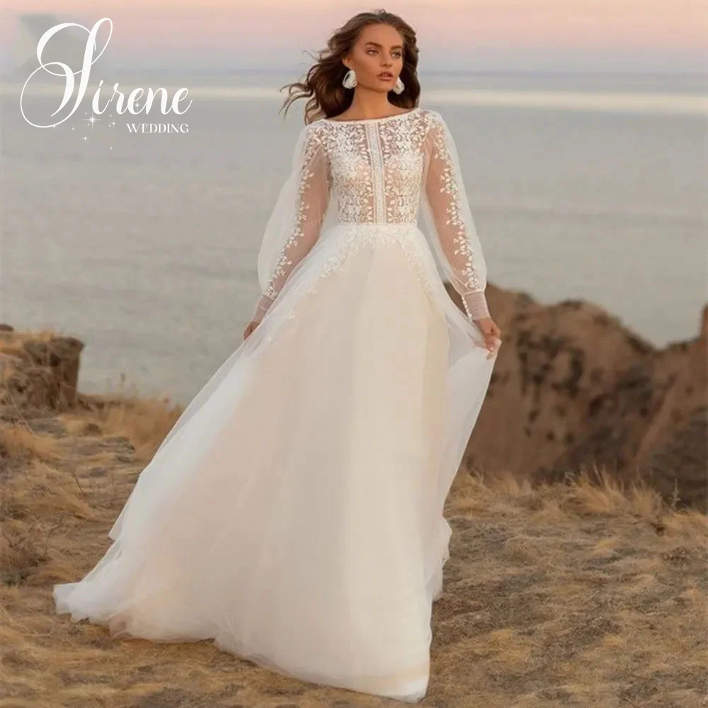 Sirene Appliques di pizzo scollo tondo maniche lunghe A sbuffo abiti da sposa Tulle A Line bottone posteriore abiti da sposa 2024 Vestido De Novia