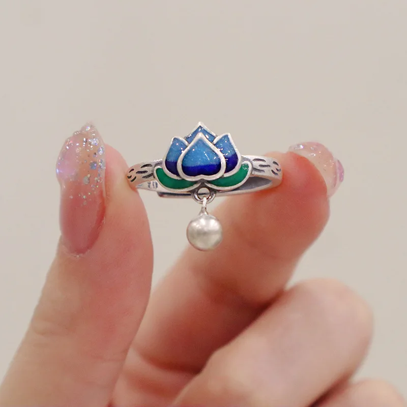 

Chinese Style Enamel Blueing Lotus Flower Open Rings for Women Charm Elegant Rings Fashion Jewelry Accessories Gifts