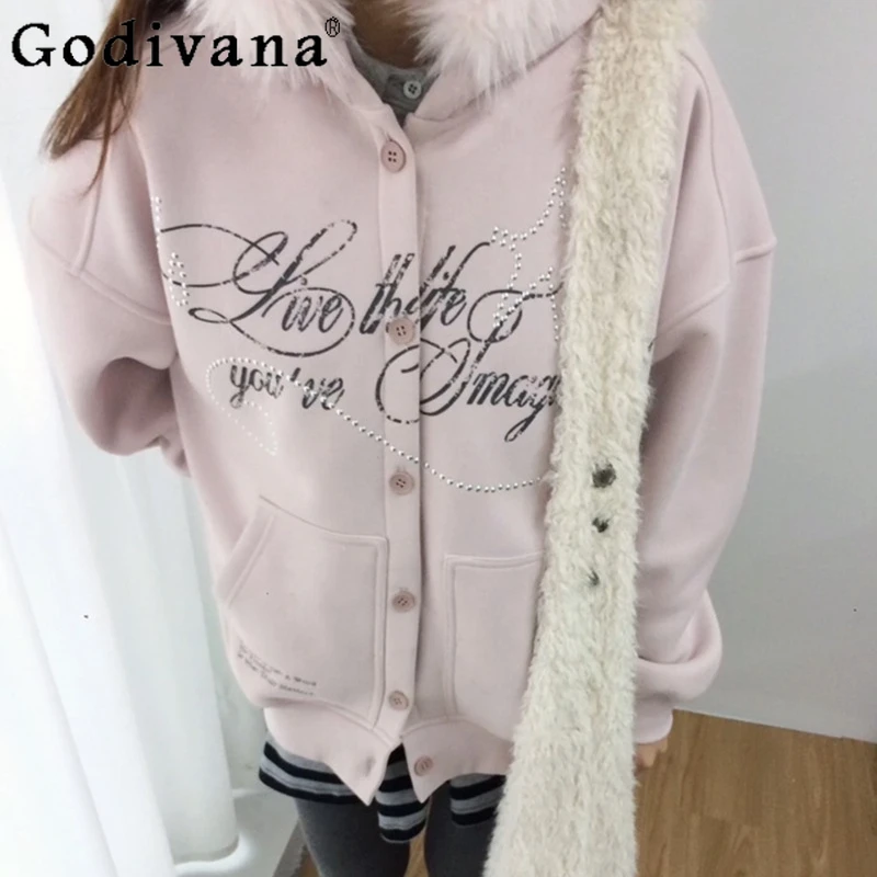 Y2K معطف بياقة من الفرو للنساء جديد الخريف الشتاء الوردي صوف مبطن مقنعين البلوز الإناث اليابانية زر هوديس معطف #5