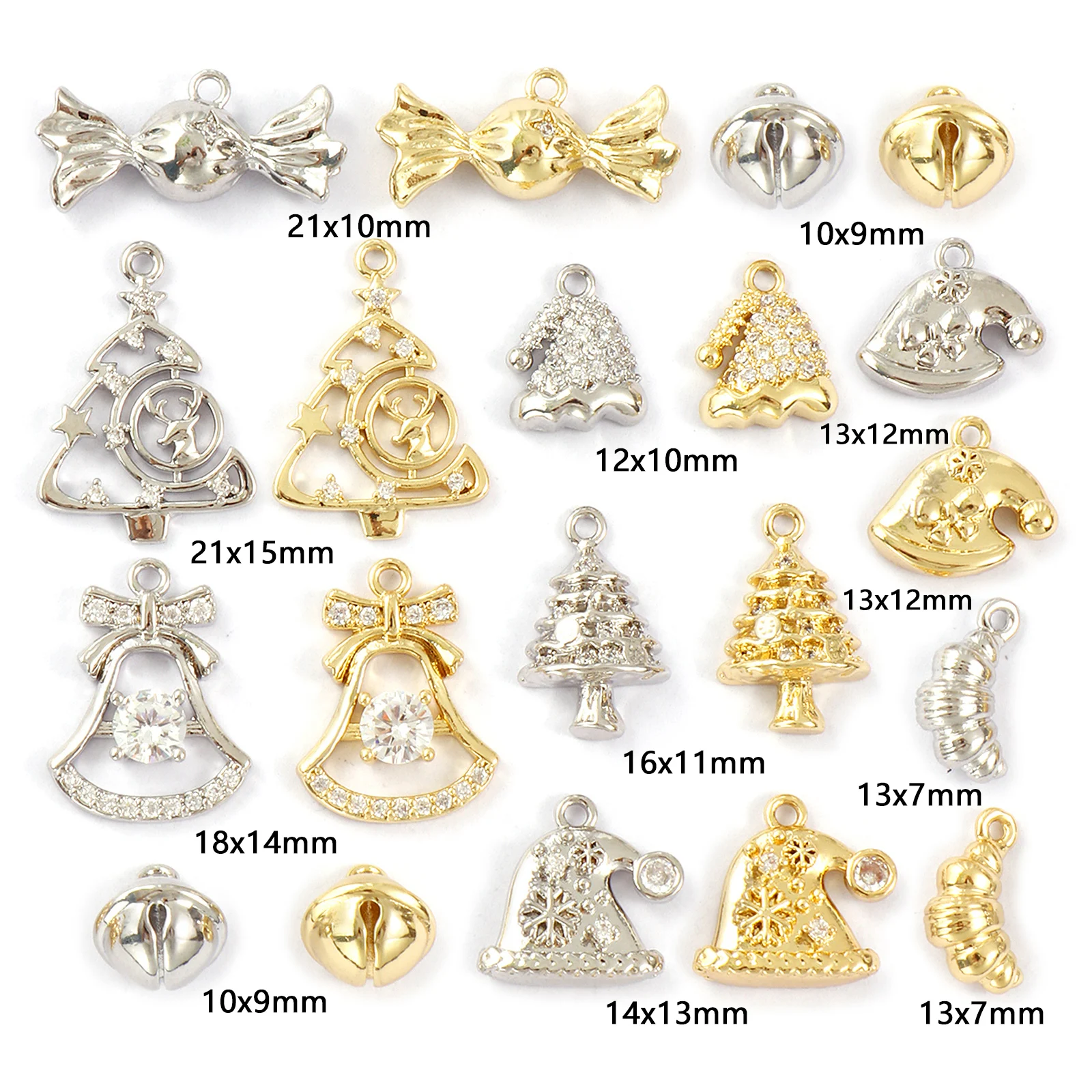 2Pcs Brass Christmas Charms Clear Cubic Zirconia Christmas Hat Bell Christmas Tree Pendants For Necklace Earrings Jewelry Making