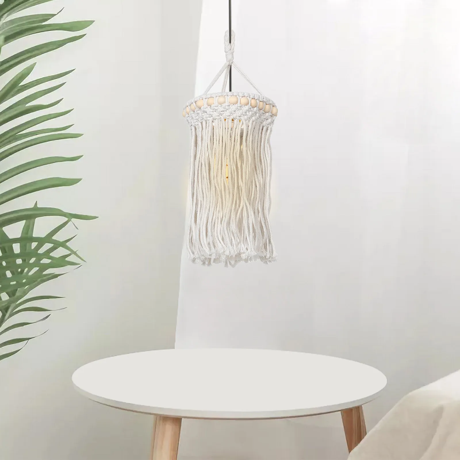 Handwoven Macrame Lampshade Boho Pendant Light Cover with Fringe Tassels for Living Room Bedroom Coffee Shop Modern Boho Ceiling