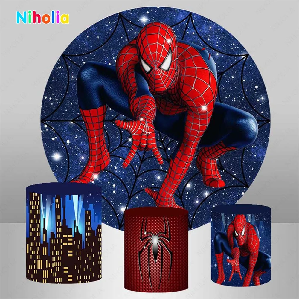 Spiderman Round Cover Backdrops Marvel Superhero Boy\'s  Birthday Party Background Theme Circle Cylinder Photo Studio Props Decor