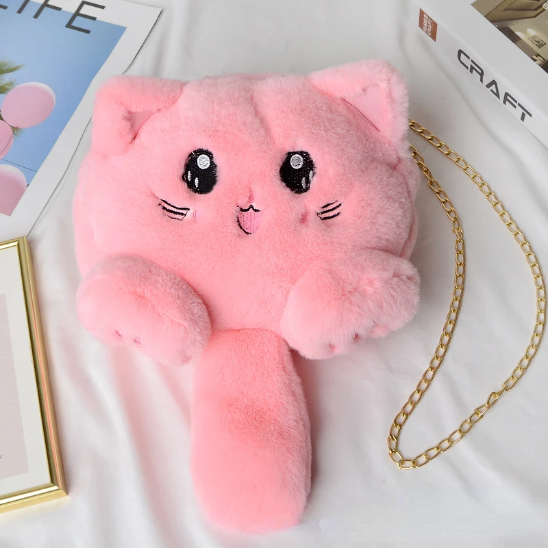 Torba na ramię ze sztucznego futra z kotem Casual Cartoon Chain Strap Stuffed Doll Bag Kawaii Animals Plush Crossbody Bag Female/Girl Gift