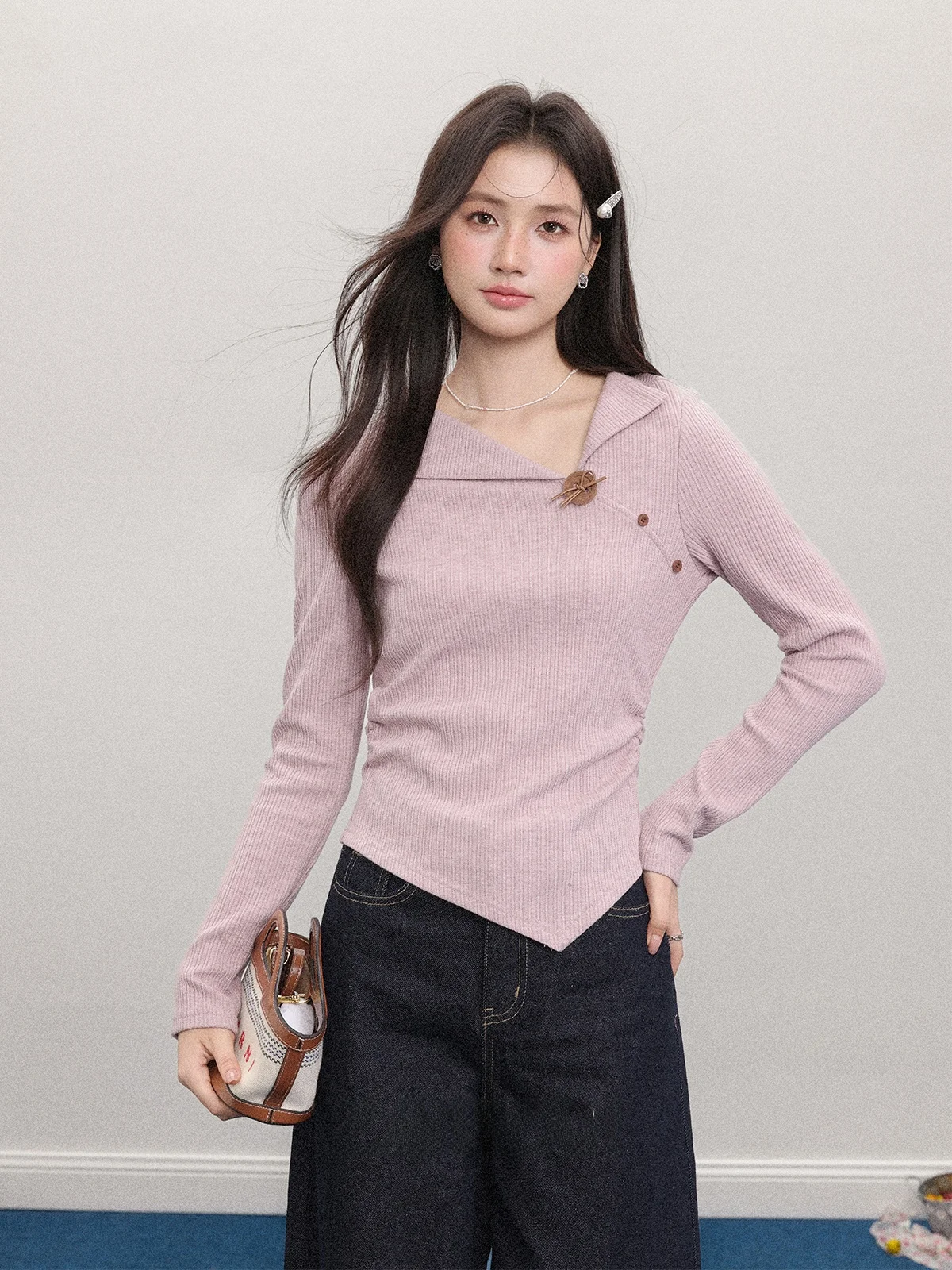 

Sweet Pink Long Sve T-irt Women's Irregular Design Spring 2026 Faionable High Waist Straight Cut High Quali Ladies Top
