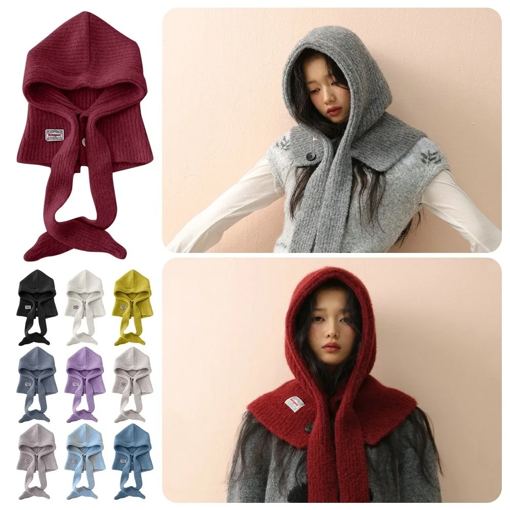 

Korean Style Warm Knitted Balaclava Breathable Windproof Earflap Hat Stretchable Integrated Hooded Scarf Daily Winter Wear