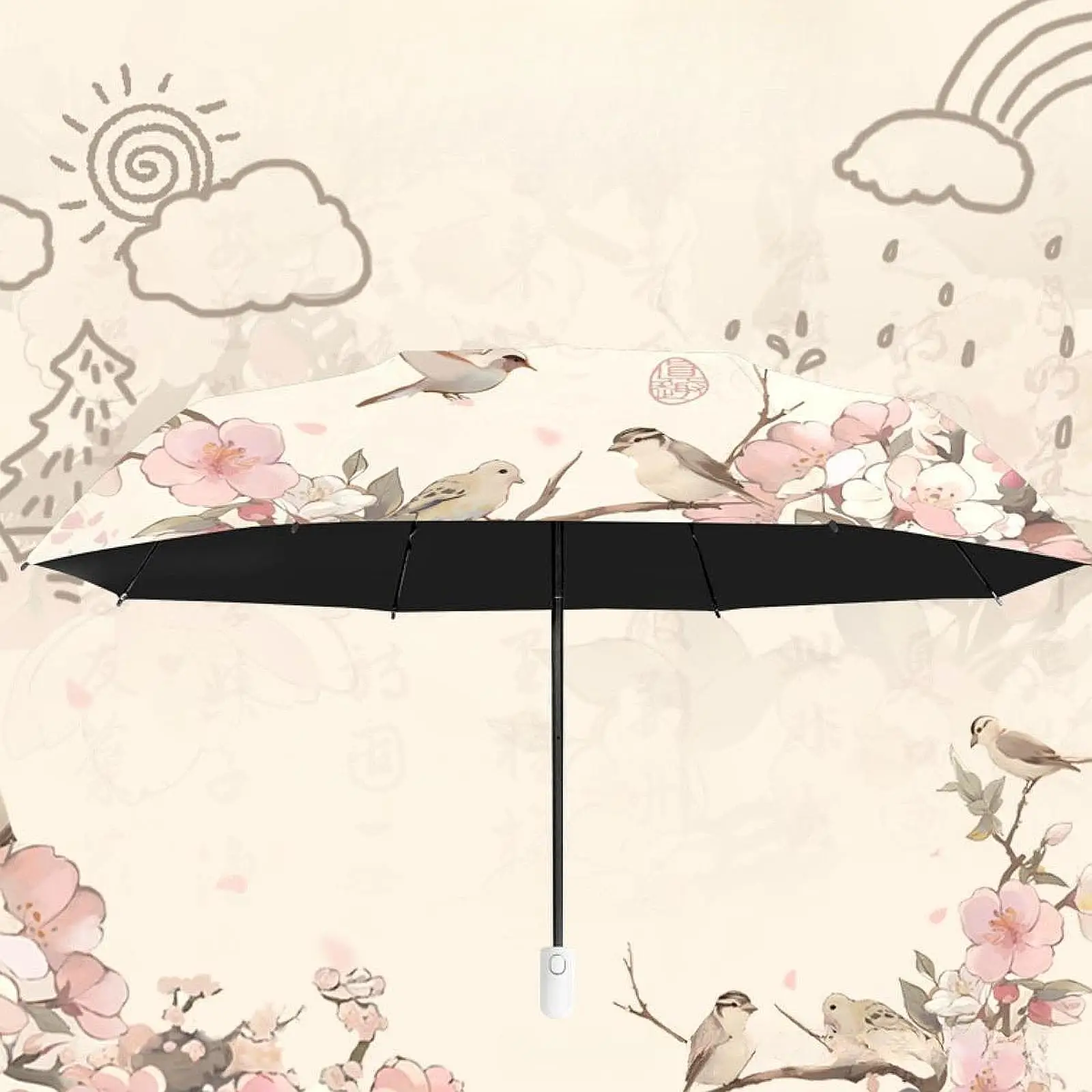 Sun Umbrella Automatic Floral Print Lightweight Sun Protection Umbrella