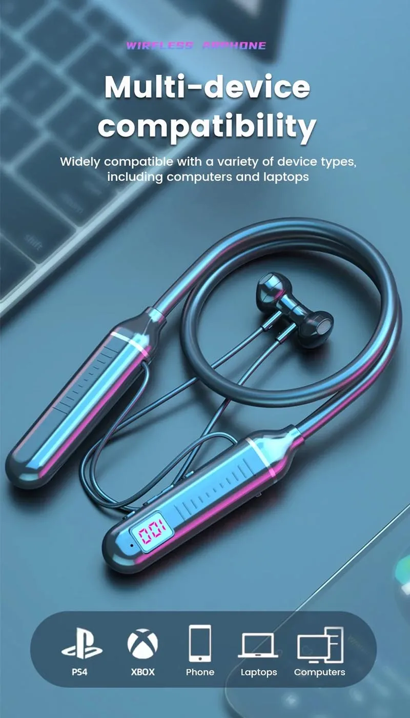 سماعات رياضية بشريط حول الرقبة سماعات بلوتوث للألعاب شاشة LED للبطارية وميكروفون لاسلكي ستيريو HIFI TWS سماعة رأس تدعم بطاقات TF