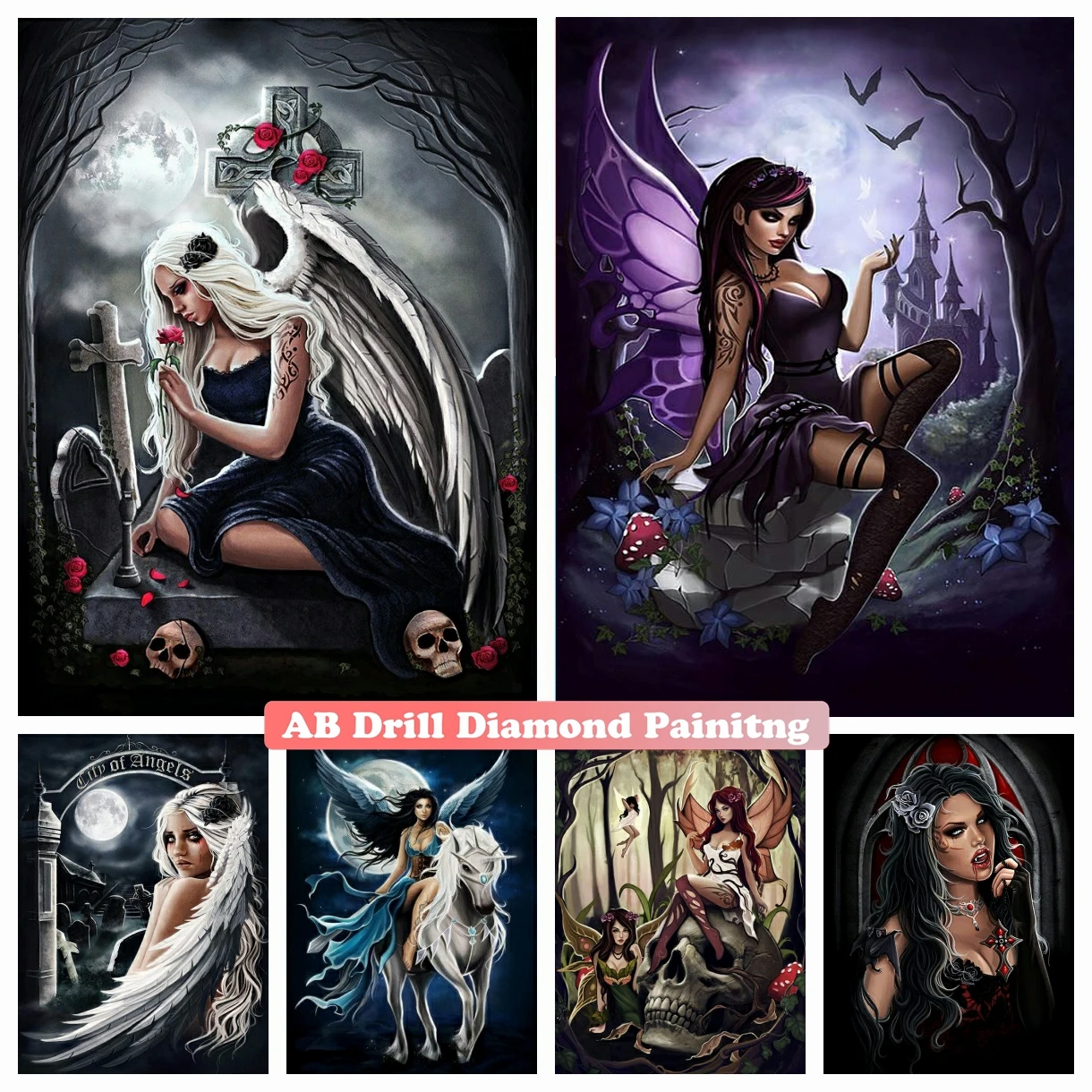 

Gothic Dark Witch 5D DIY AB Diamond Painting Cross Stitch Skull Devil of Angel Art Rhinestones Mosaic Embroidery Home Decor