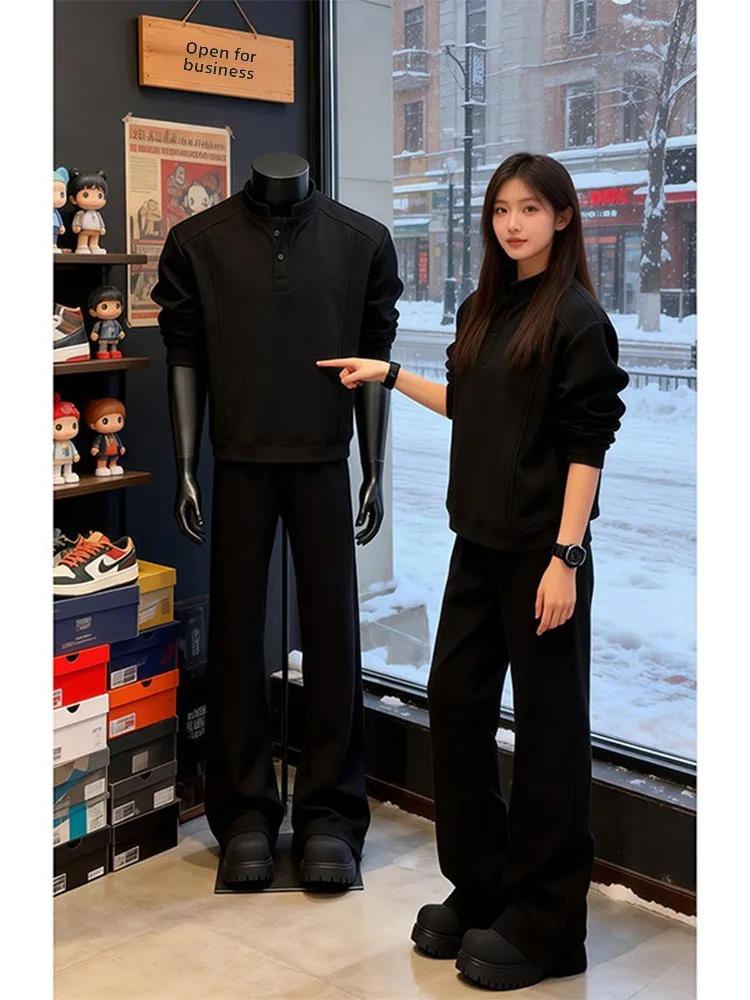 

Черная флисовая толстовка с длинным рукавом и воротником хенли, зимняя, модная, свободного кроя, базовая, для ношения под одеждой, повседневная, в уличном стиле