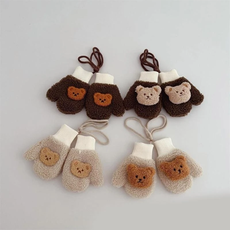 

M76C Outdoor Warm Gloves for Kids Thicken Lamb Wool Mittens Winter Gloves Handmuff with Rope Cartoon Windproof Gloves