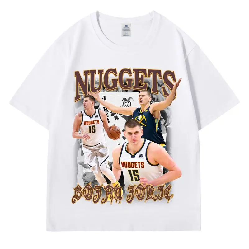 American Retro Loose Nuggets No. 15 Jokic Basketball Clothes Short-sleeved Training Clothes T-shirt Sports Fitness Comfortable