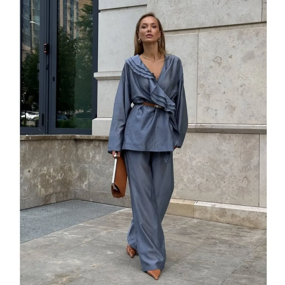 Soft Drape Tencel Women Two Piece Set Wrinkle Free Lightweight Wrap Front Ruffle Top Relax Fit Ruffle Trim Wide Leg Pant Set