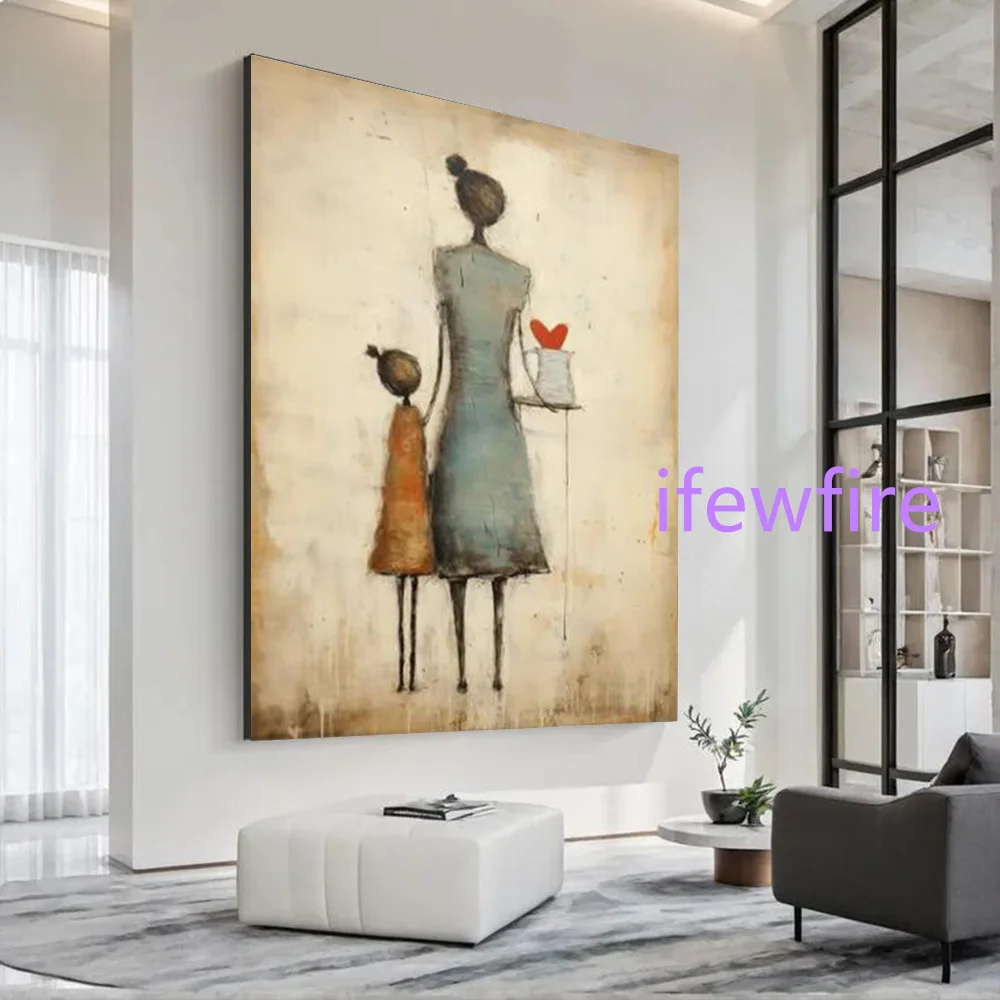 peinture-a-l'huile-abstraite-100-faite-a-la-main-sur-toile-tableau-mural-intime-representant-une-mere-et-sa-fille-pour-la-decoration-du-salon