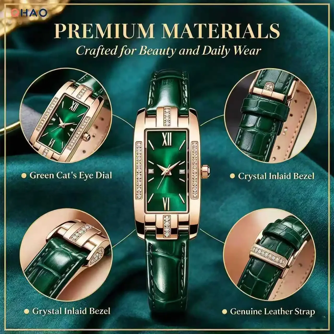 Luxury Green Dial Square Leather Watch Bracelet Set for Women Simple Fashion Quartz Timepiece