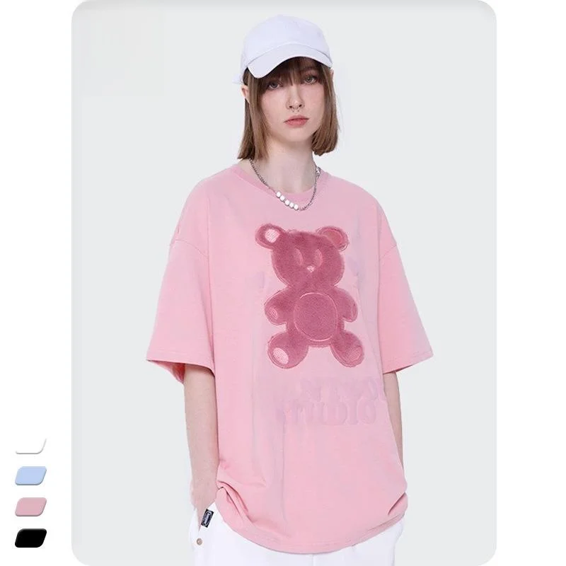 Summer Embroidered Bear Short Sleeve T-Shirt Unisex Cotton Cartoon Print Casual Top for Men And Women
