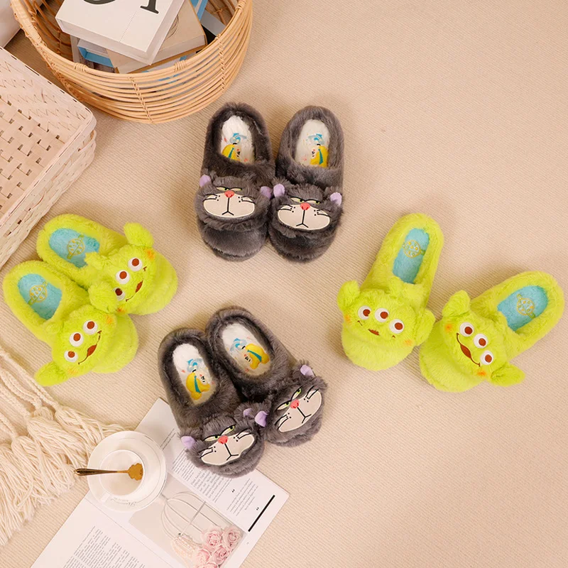 Disney Plush Slippers Cartoon Alien Baotou Warm Slippers Autumn And Winter Indoor Anti-slip Lucifer Cat Couple Home Slippers