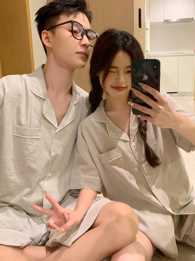 

Couples Summer Stripe Spwear Pure Cotton ort Sve Button Decorated Home Clothes Set Youth Casual Comfortable Breathable