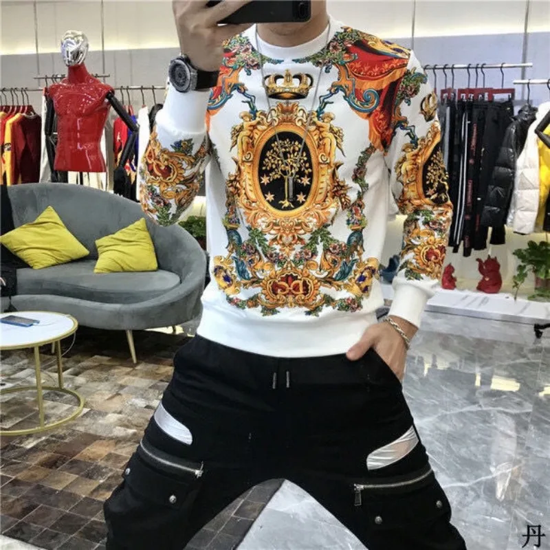 Men's Slim-Fit Long-Sleeved Sweatshirt Fleece-Lined Thickened Korean Style Fashion Brand Distinctive Print Pattern