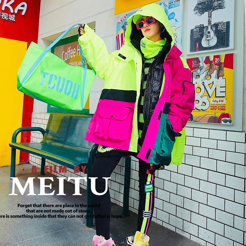 Verdikt donsjack met capuchon voor dames, nieuwe herfst-/winterstijl, kleurrijk patchwork, trendy merk, losse pasvorm, unieke straatstijl