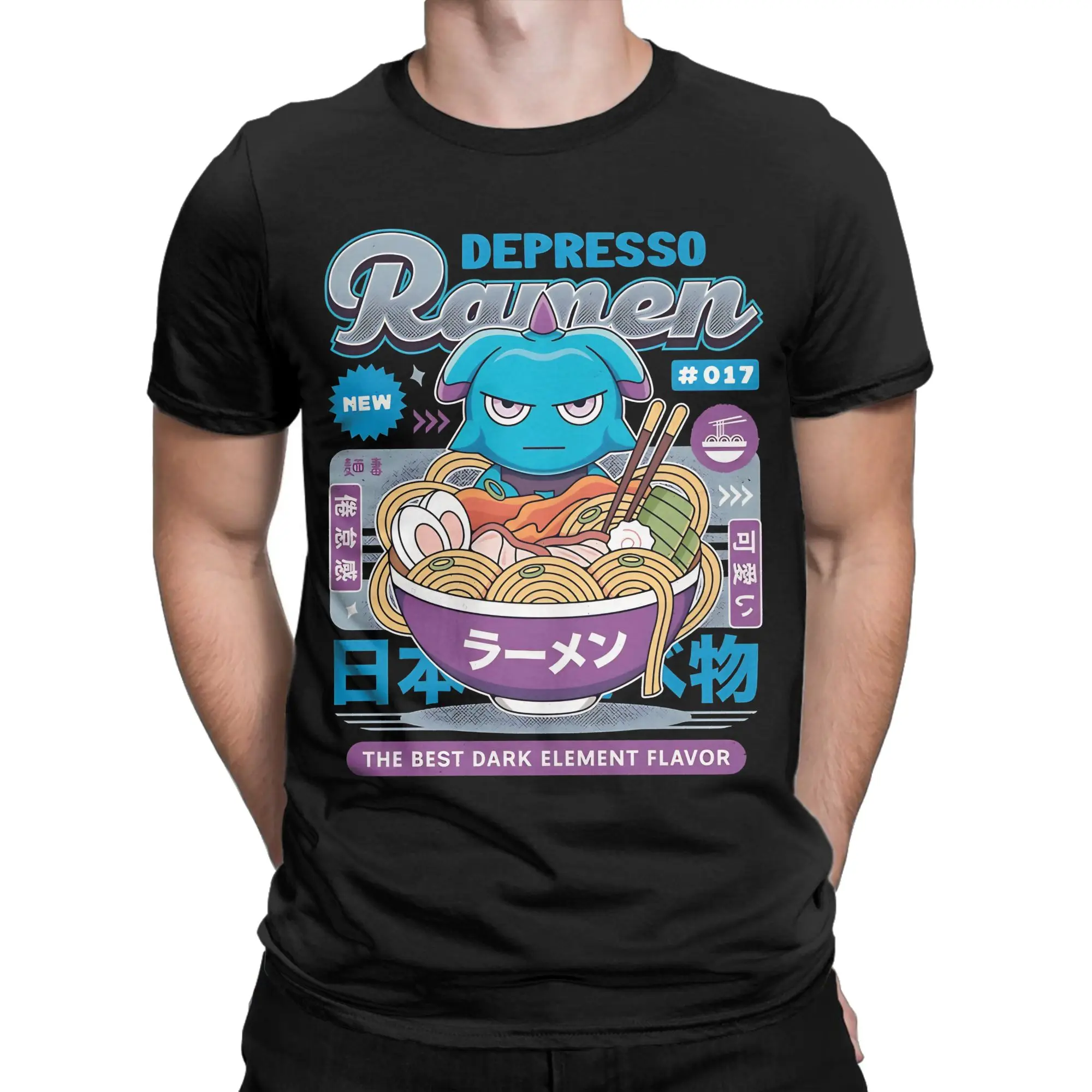 Funny Depressos Ramen Vintage  T Shirt Men's Round Neck Short Sleeve Tops Cotton Summer Tops