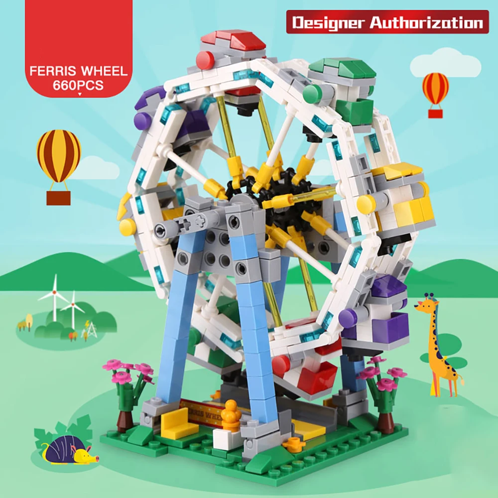 Rotate Building Block Fairground Blocks The Ferris Wheel Set Building Blocks Toys Bricks Amusement Park High-tech Model Serie