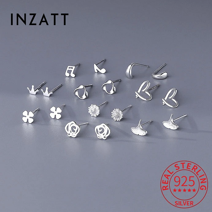 INZATT Real 925 Sterling Silver Heart Crown Flower Leaves Stud Earrings For Women Classic Minimalist Geometric Fine Jewelry