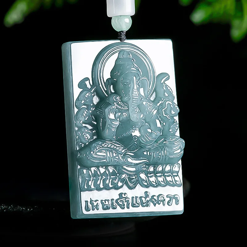 

Jia Le/ Hand-carved/ Natural Emerald Blue Water Elephant God Necklace Pendant Men and Women Couple Fashion Amulet Guardian Angel