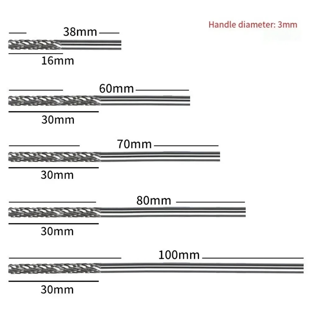 

High Performance Long Shank Carbide Burr Set for Milling Cutter 3mm 1/8 inch Rotary Tool Burr Cut 38mm to 100mm