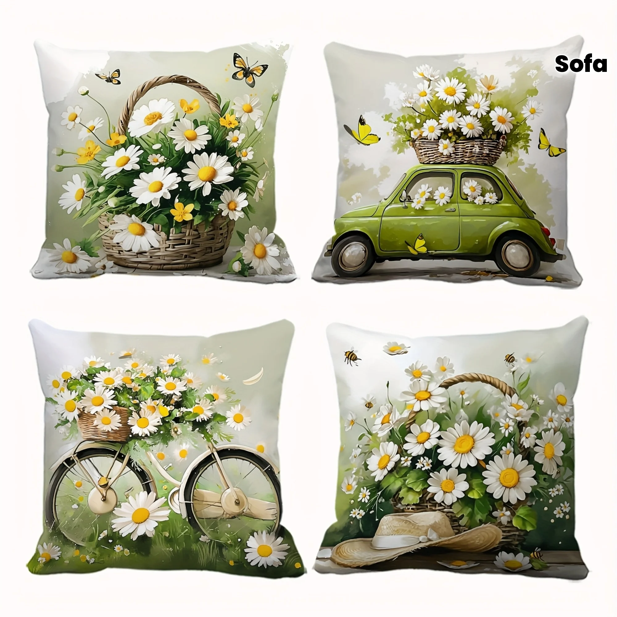 4pcs Pillowcase Set, Pastoral Fresh Style, Green Tone, Daisy Theme, Wicker Basket, Butterfly, Vintage Green Car, Bicycle, Straw