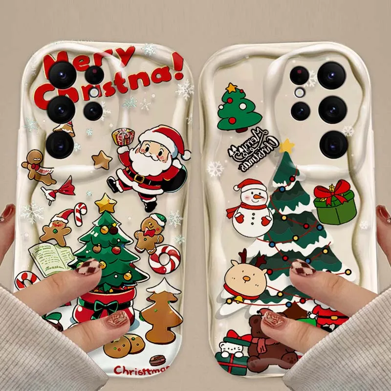 Cute Father Christmas Tree 3D Wave Case For Samsung Galaxy S24 Ultra S23 S22 Plus S21 S20 FE A25 A55 A35 A15 A16 A05 A05S A06