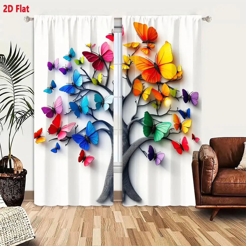 2Pcs Curtains 2D Flat Stylized Tree With Colorful Butterflies On Gray Textured Trunk Branches Vivid Hues Red Pink Blue Yellow Or