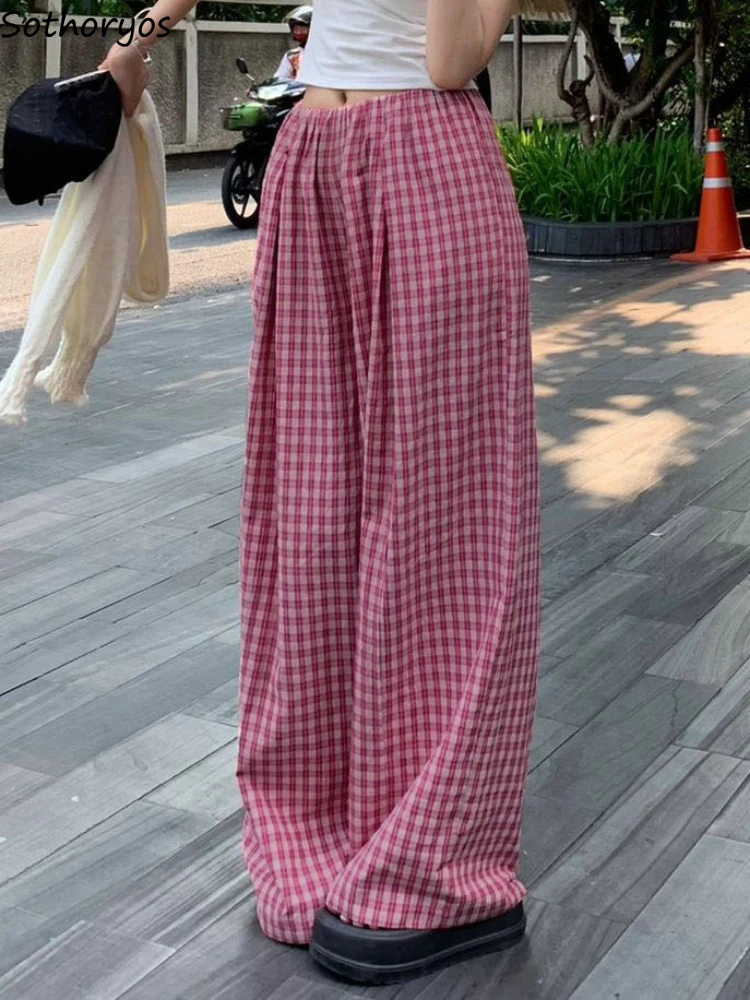 

Women Pink Plaid Pants Vintage High Waist Kawaii Japan Style Casual Wide Leg Simple Loose All-match Summer Fashion Streetwear