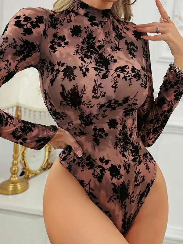 セクシーなフラワープリント透明レースボディスーツ背中の開いたディープ V サスペンダーノースリーブボディスーツ魅力的な純粋な欲望エレガント RB7O