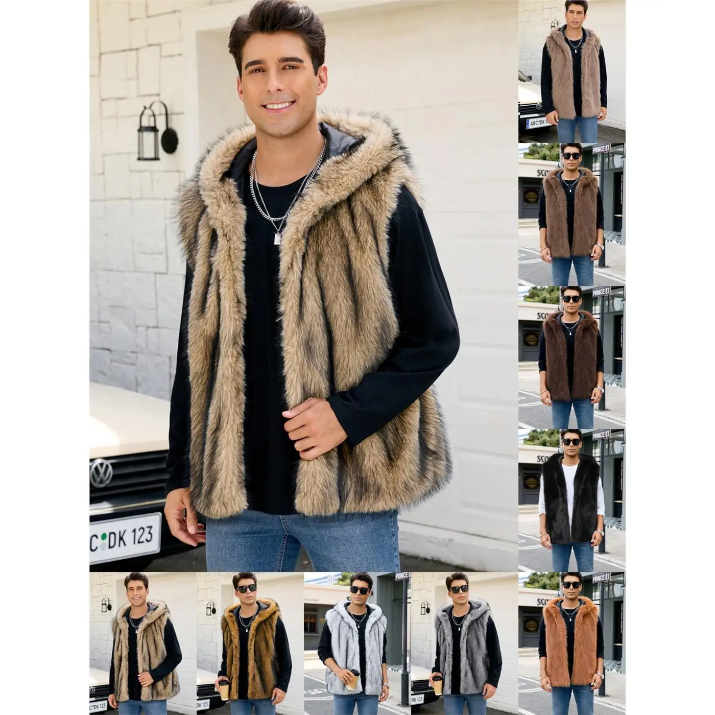 Modern Men's Faux Fur Vest Winter Warm Hooded Cotton Straight Hem Casual Fashion Animal Print Design Chinese Manufacturer