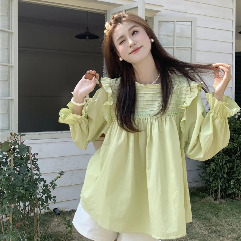 

Женские весенне-летние модные лоскутные хлопковые однотонные рубашки с круглым вырезом в консервативном стиле, милая футболка с длинными рукавами