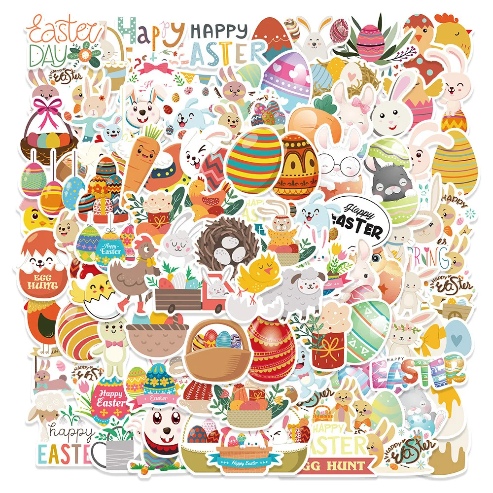 

10/30/50/100pcs Happy Easter Festive Graffiti Stickers Cute Egg Rabbit Animal Cartoon Sticker Stationery Phone Guitar Decals Toy