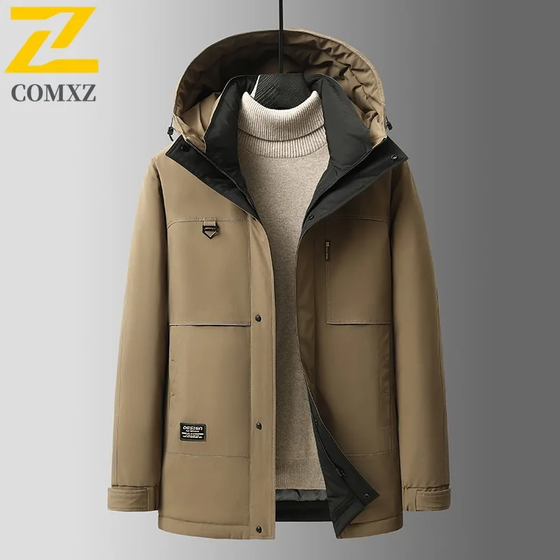 

COMXZ Men's Down Jacket 2025 Solid Color Warm Hooded Skiing Cotton Padded Jacket Traveling Comfortable Minimalist Winter Jacket